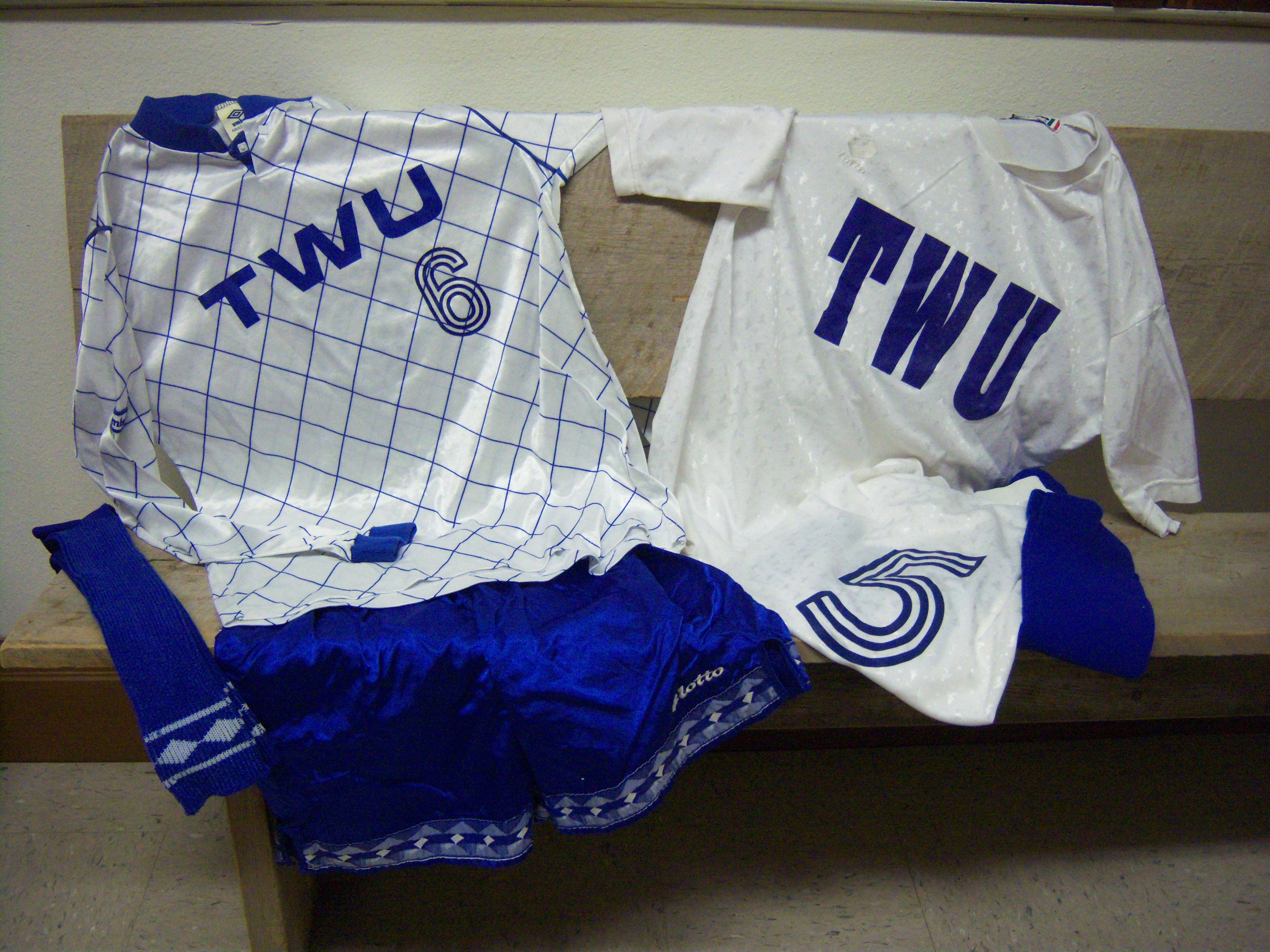 White and Blue Soccer Uniforms